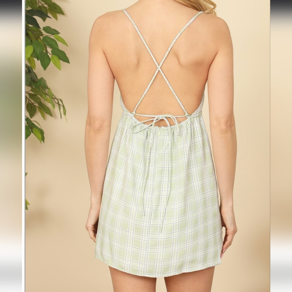 Green Plaid Bib Cross Back Mini Dress: SM, MD, LG